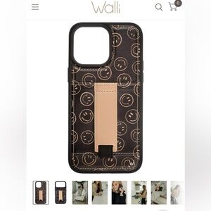 Walli Black Smiley Pattern Phone Card Case with Beige Hand Strap